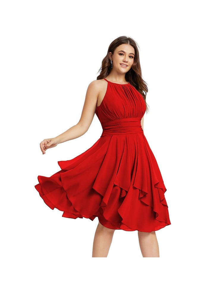 Robe de Demoiselle d'Honneur Courte/Mini, Coupe Princesse, Col Licou, sans Manches, en Mousseline, à Volants et Poches Plissées
