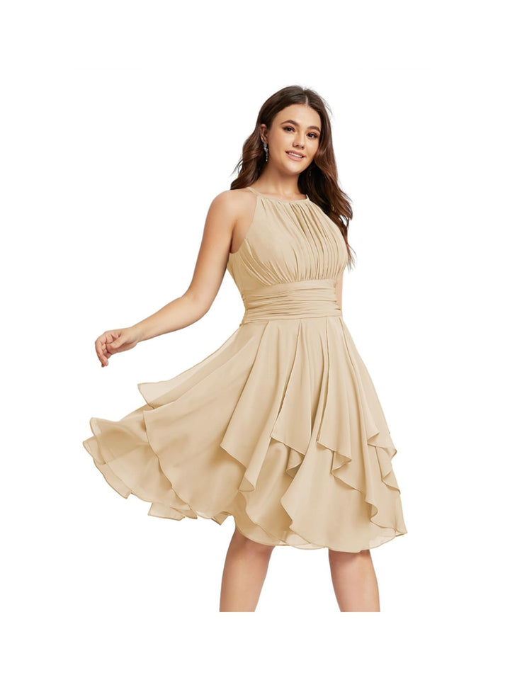Robe de Demoiselle d'Honneur Courte/Mini, Coupe Princesse, Col Licou, sans Manches, en Mousseline, à Volants et Poches Plissées