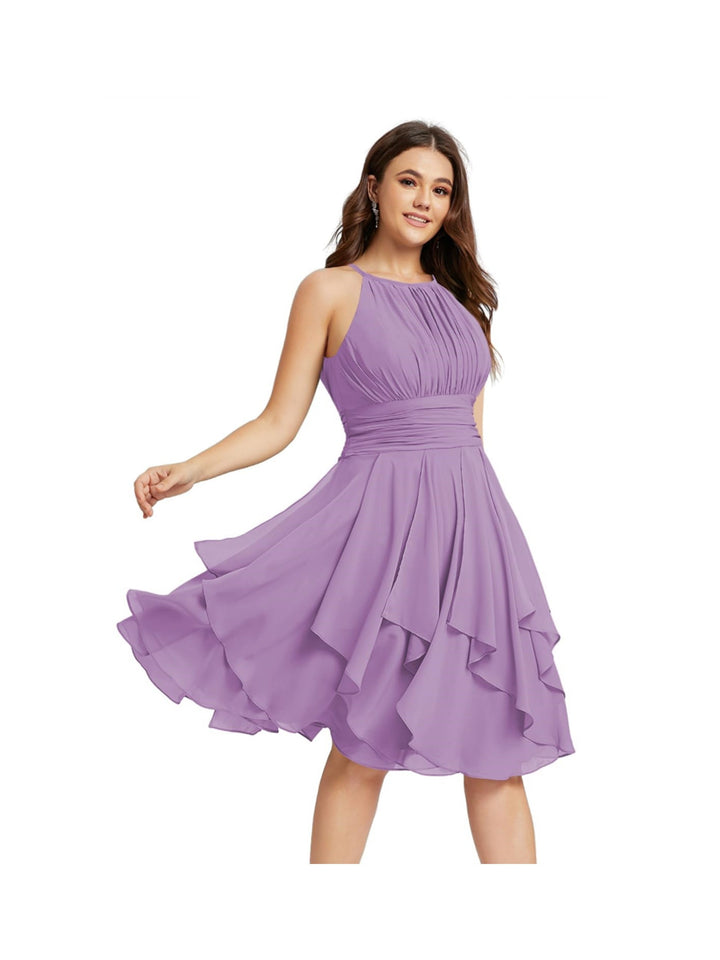 Robe de Demoiselle d'Honneur Courte/Mini, Coupe Princesse, Col Licou, sans Manches, en Mousseline, à Volants et Poches Plissées