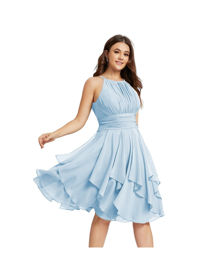 Robe de Demoiselle d'Honneur Courte/Mini, Coupe Princesse, Col Licou, sans Manches, en Mousseline, à Volants et Poches Plissées