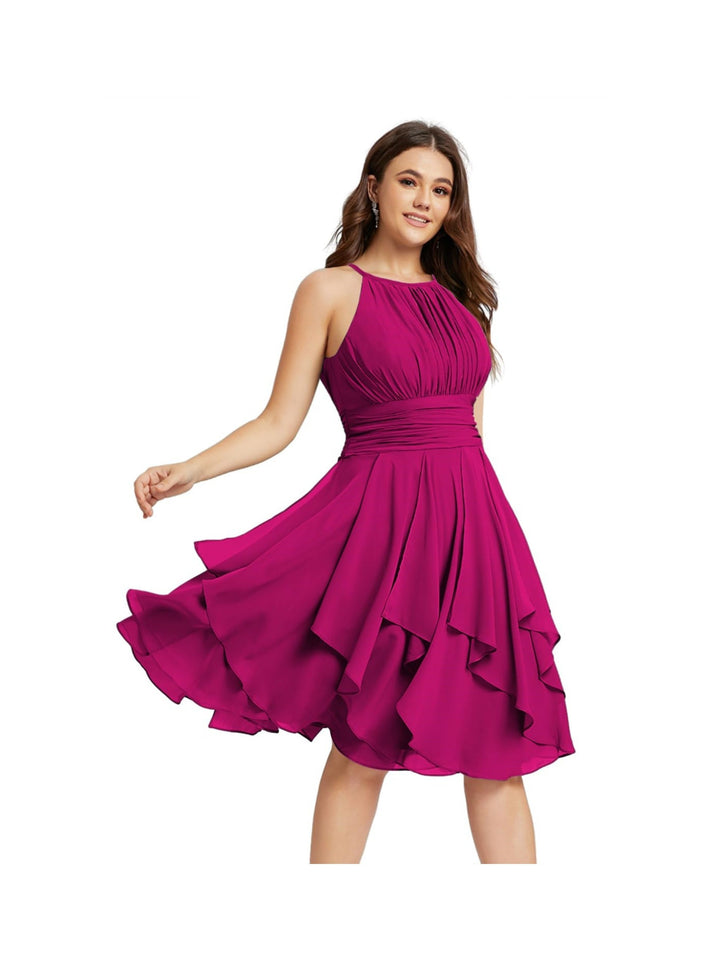 Robe de Demoiselle d'Honneur Courte/Mini, Coupe Princesse, Col Licou, sans Manches, en Mousseline, à Volants et Poches Plissées