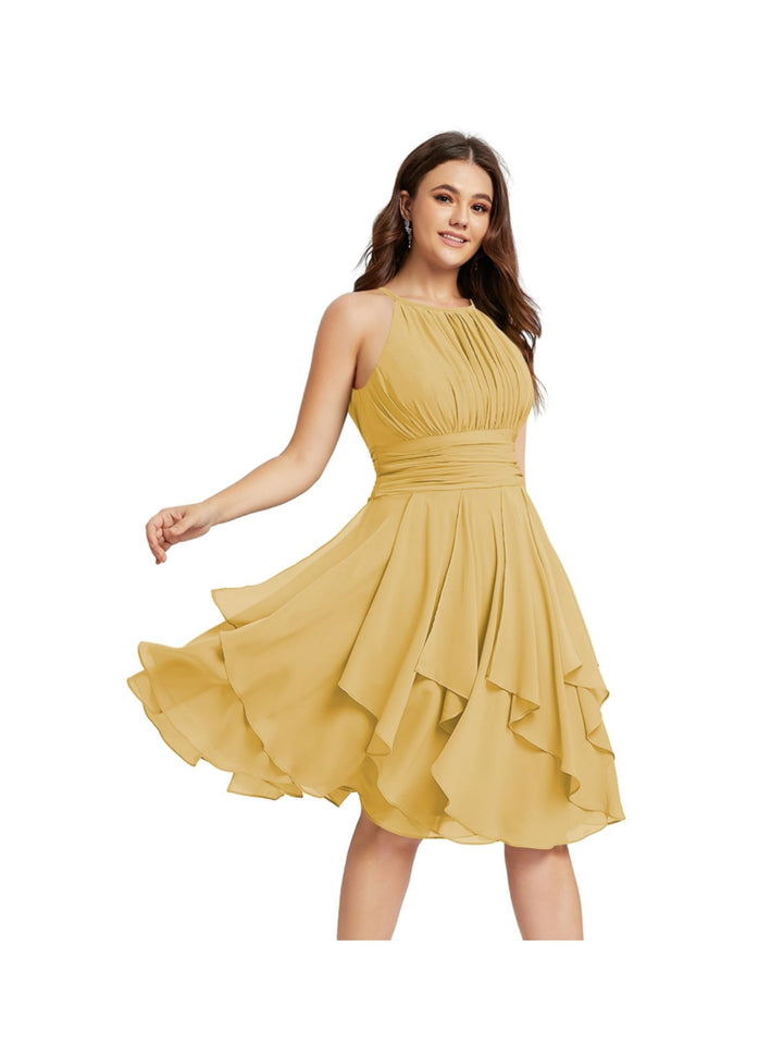 Robe de Demoiselle d'Honneur Courte/Mini, Coupe Princesse, Col Licou, sans Manches, en Mousseline, à Volants et Poches Plissées