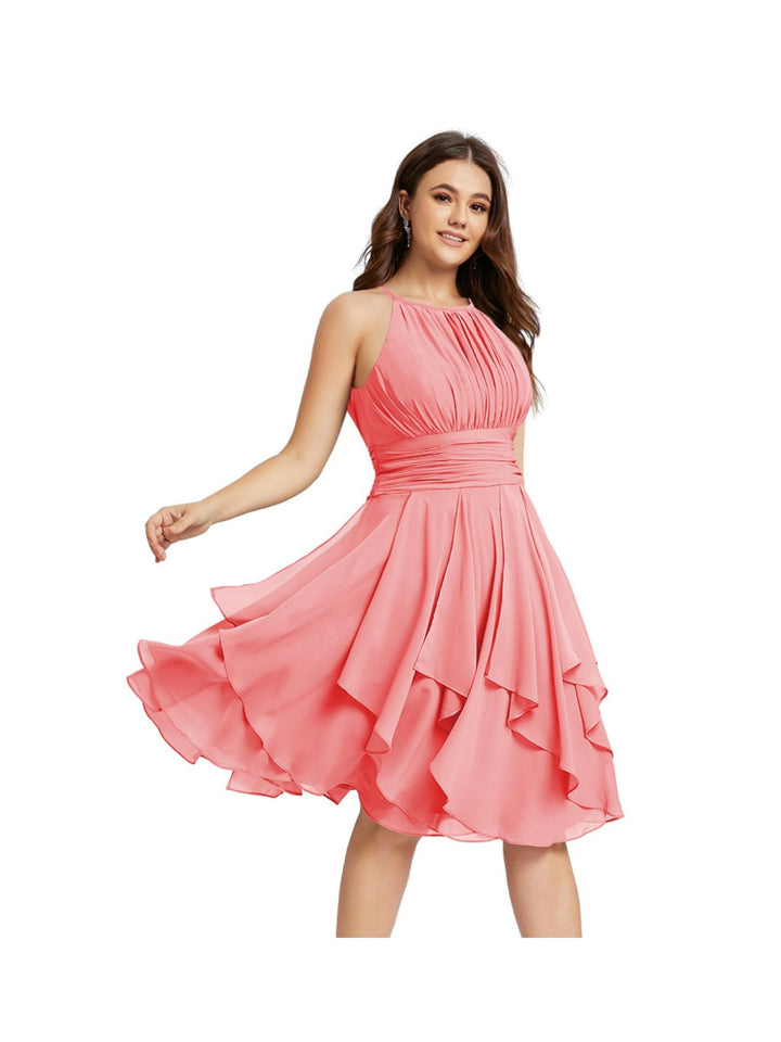 Robe de Demoiselle d'Honneur Courte/Mini, Coupe Princesse, Col Licou, sans Manches, en Mousseline, à Volants et Poches Plissées