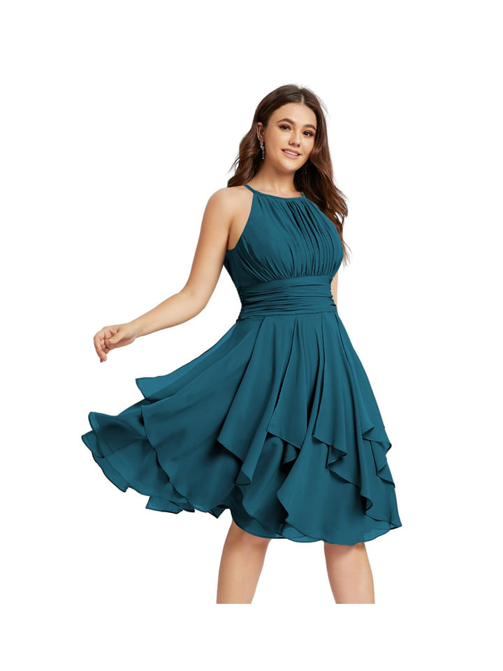 Robe de Demoiselle d'Honneur Courte/Mini, Coupe Princesse, Col Licou, sans Manches, en Mousseline, à Volants et Poches Plissées