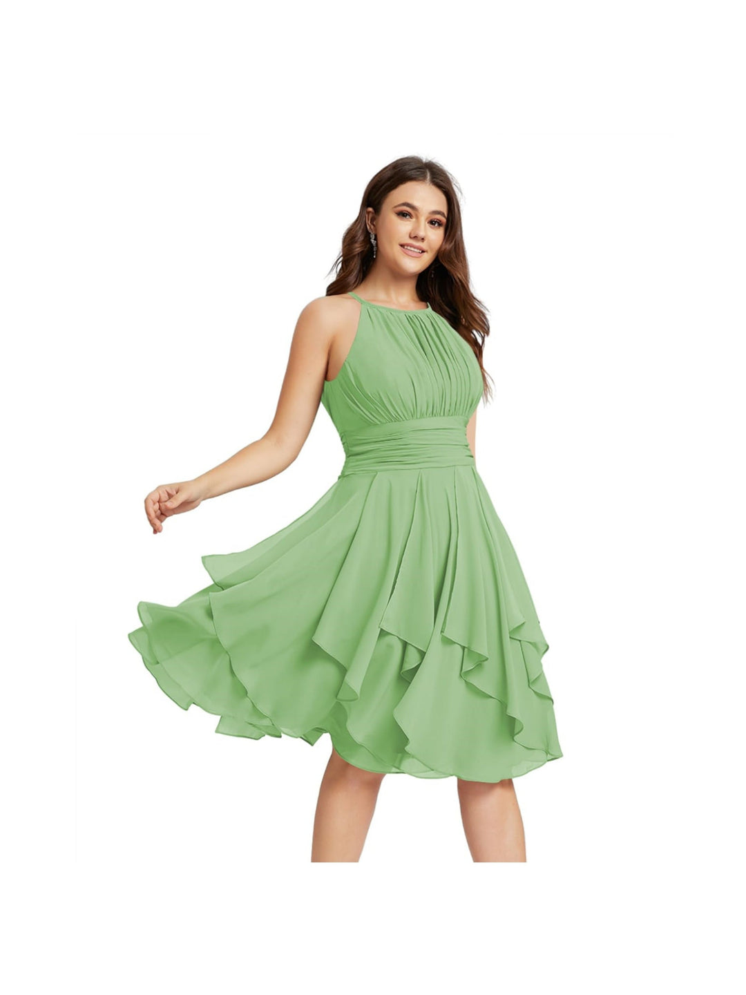 Robe de Demoiselle d'Honneur Courte/Mini, Coupe Princesse, Col Licou, sans Manches, en Mousseline, à Volants et Poches Plissées