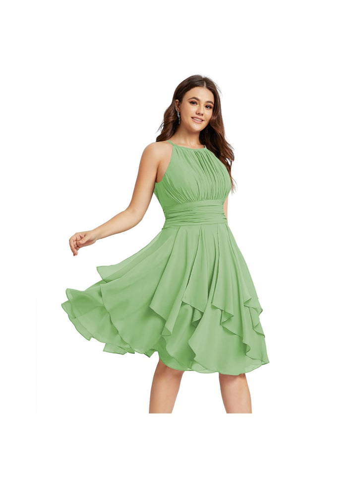 Robe de Demoiselle d'Honneur Courte/Mini, Coupe Princesse, Col Licou, sans Manches, en Mousseline, à Volants et Poches Plissées