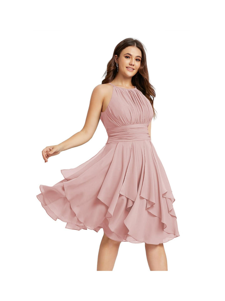 Robe de Demoiselle d'Honneur Courte/Mini, Coupe Princesse, Col Licou, sans Manches, en Mousseline, à Volants et Poches Plissées