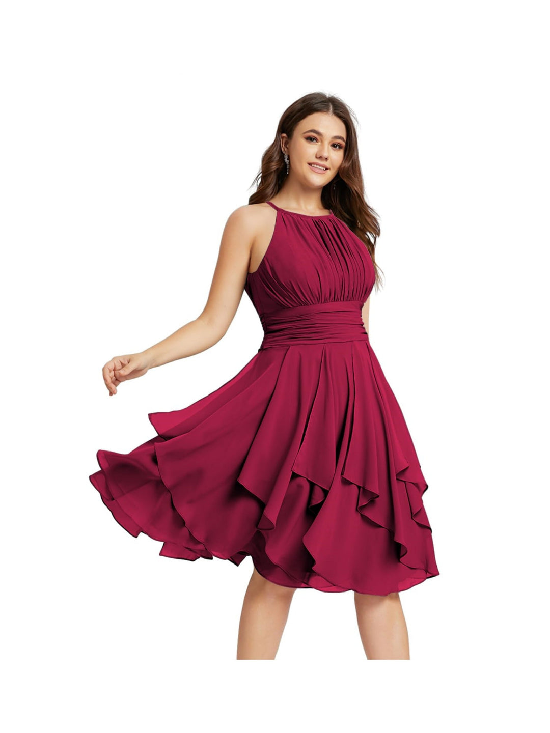 Robe de Demoiselle d'Honneur Courte/Mini, Coupe Princesse, Col Licou, sans Manches, en Mousseline, à Volants et Poches Plissées