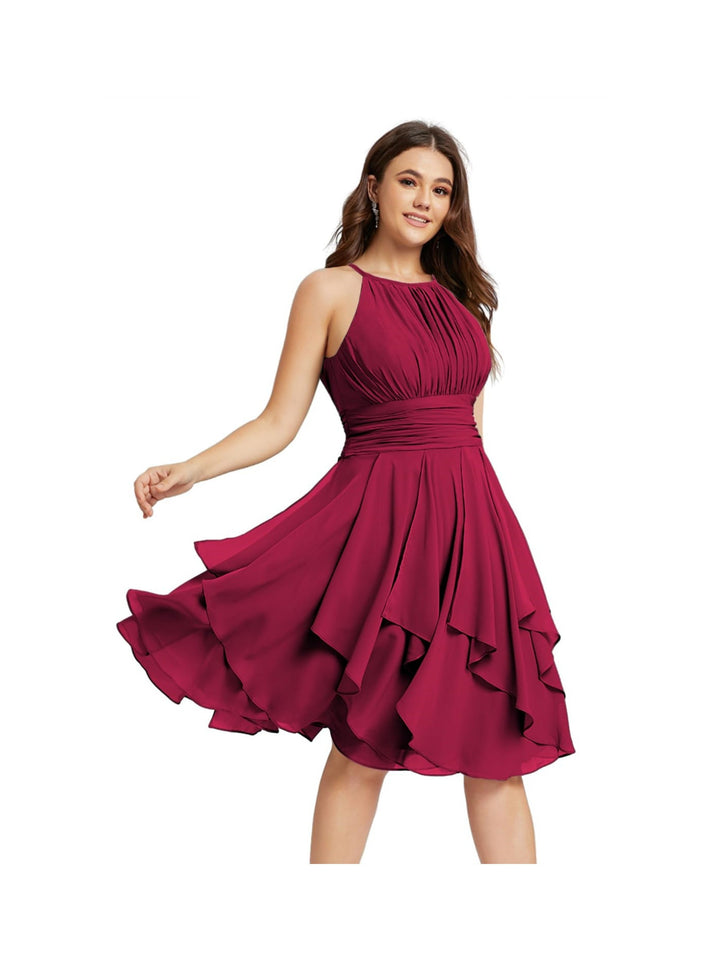 Robe de Demoiselle d'Honneur Courte/Mini, Coupe Princesse, Col Licou, sans Manches, en Mousseline, à Volants et Poches Plissées