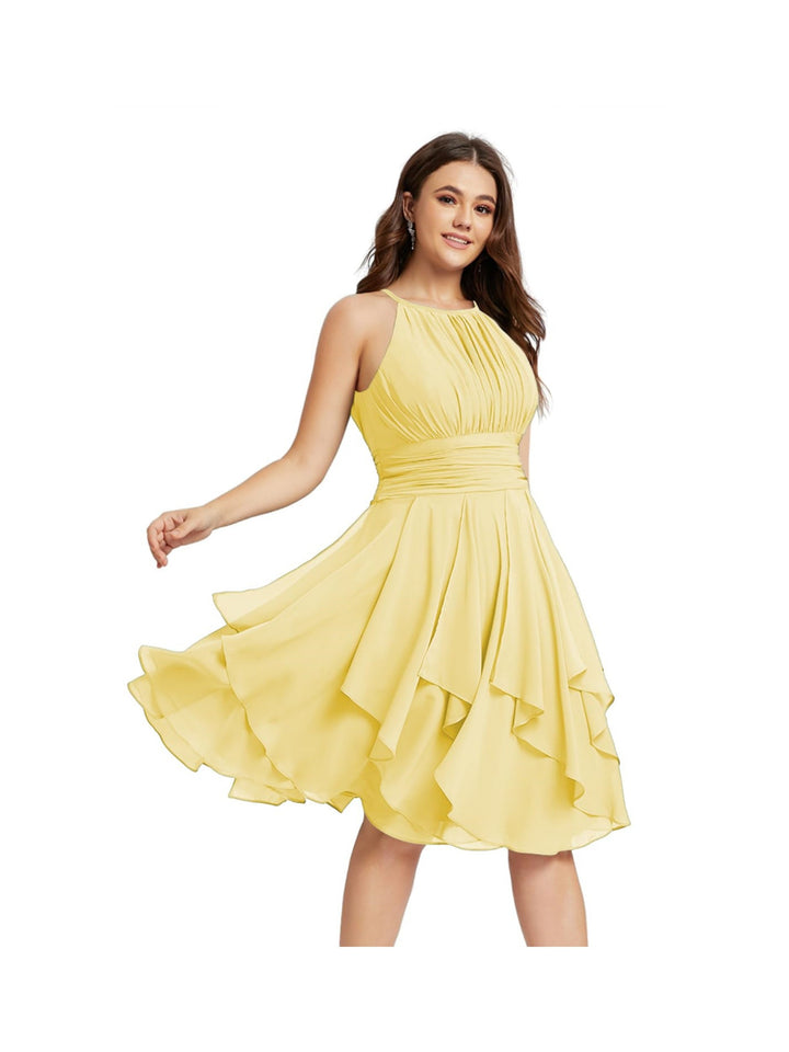 Robe de Demoiselle d'Honneur Courte/Mini, Coupe Princesse, Col Licou, sans Manches, en Mousseline, à Volants et Poches Plissées