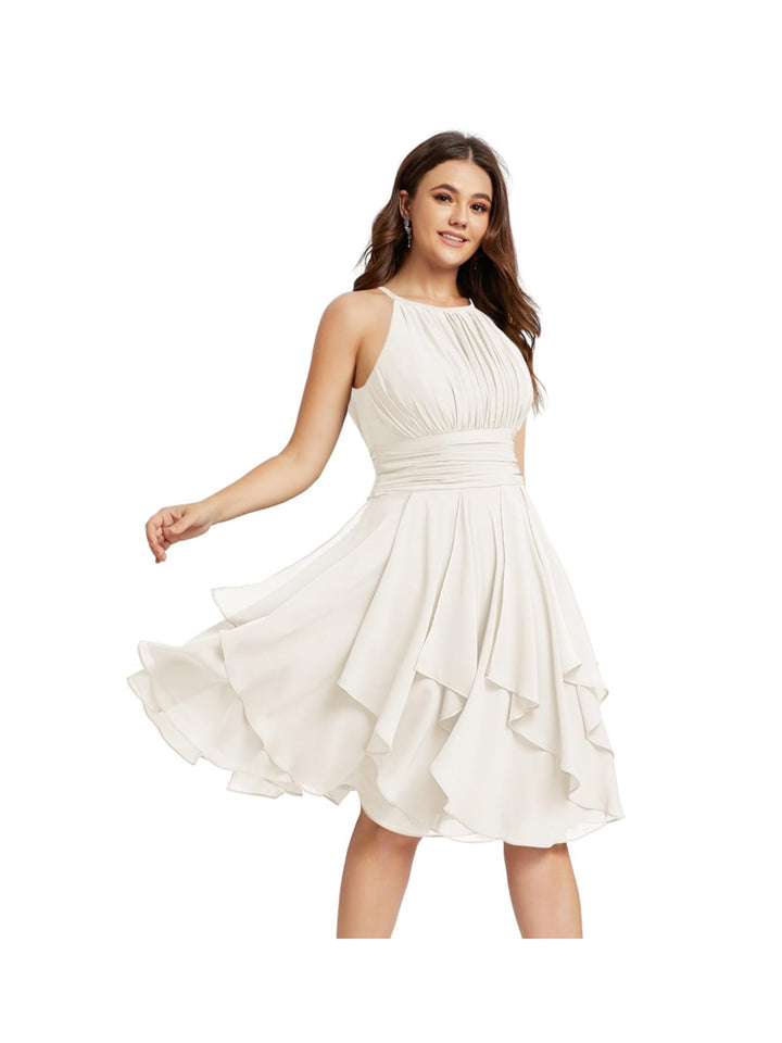 Robe de Demoiselle d'Honneur Courte/Mini, Coupe Princesse, Col Licou, sans Manches, en Mousseline, à Volants et Poches Plissées