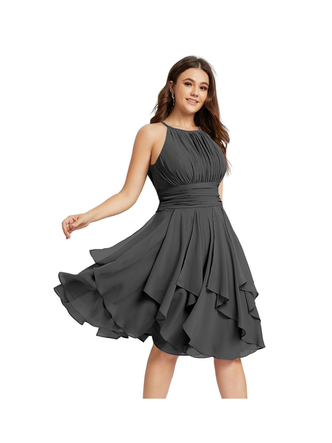 Robe de Demoiselle d'Honneur Courte/Mini, Coupe Princesse, Col Licou, sans Manches, en Mousseline, à Volants et Poches Plissées