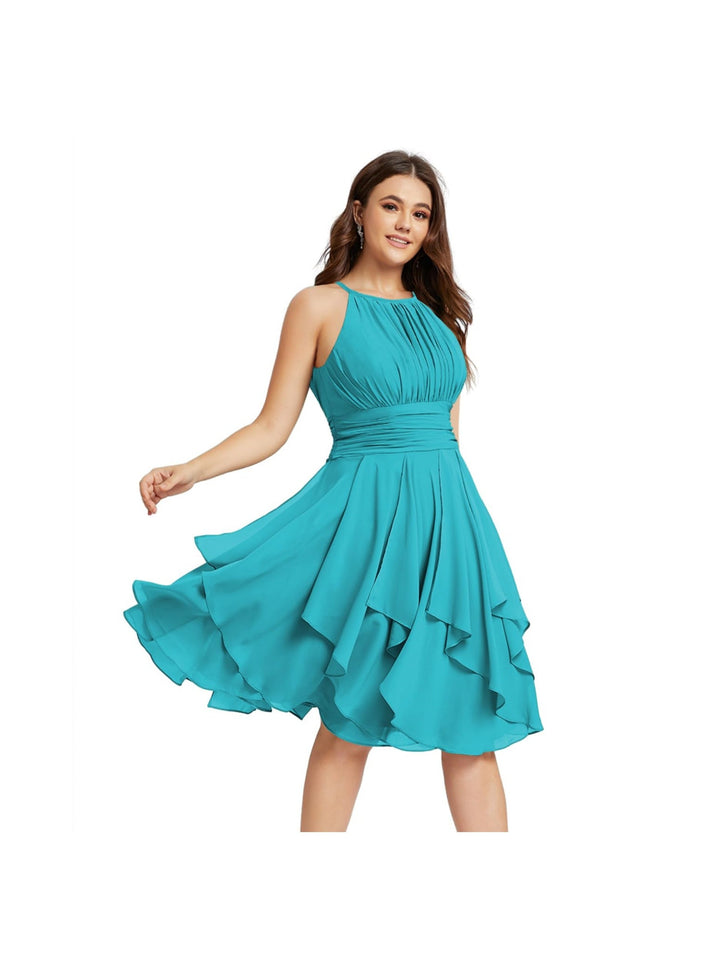 Robe de Demoiselle d'Honneur Courte/Mini, Coupe Princesse, Col Licou, sans Manches, en Mousseline, à Volants et Poches Plissées