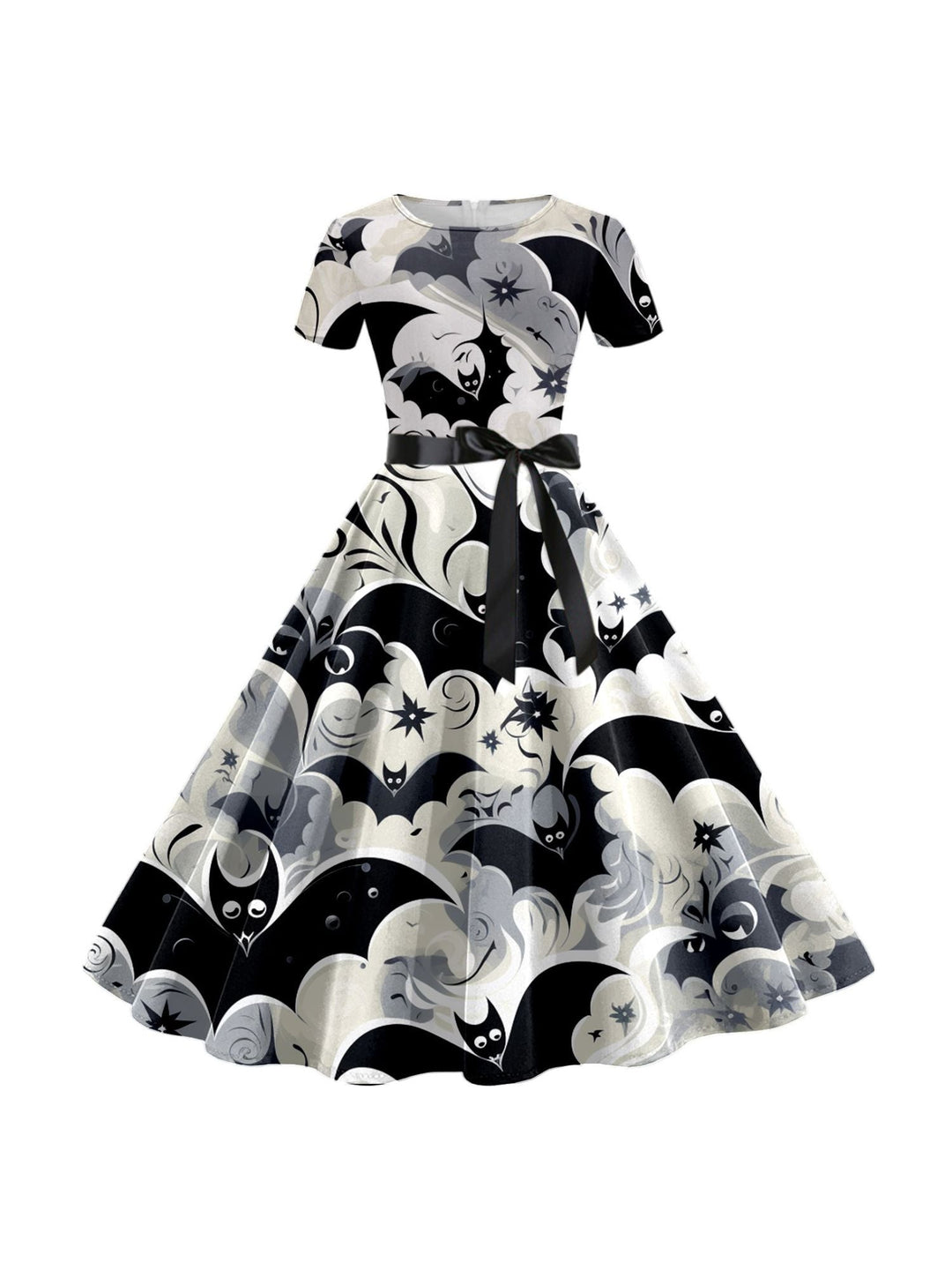Robe de Costume de Spectacle Imprimée de Dessin Animé D'Halloween à Col Rond et Manches Courtes de Forme Trapèze/Princesse