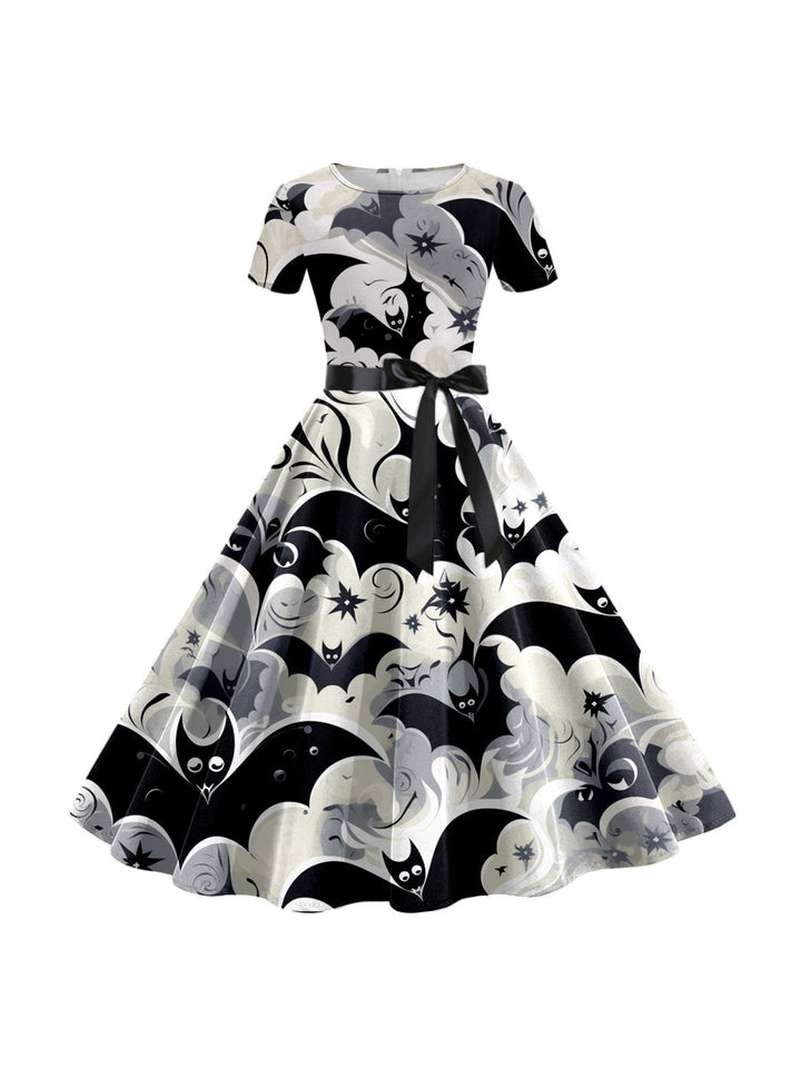 Robe de Costume de Spectacle Imprimée de Dessin Animé D'Halloween à Col Rond et Manches Courtes de Forme Trapèze/Princesse