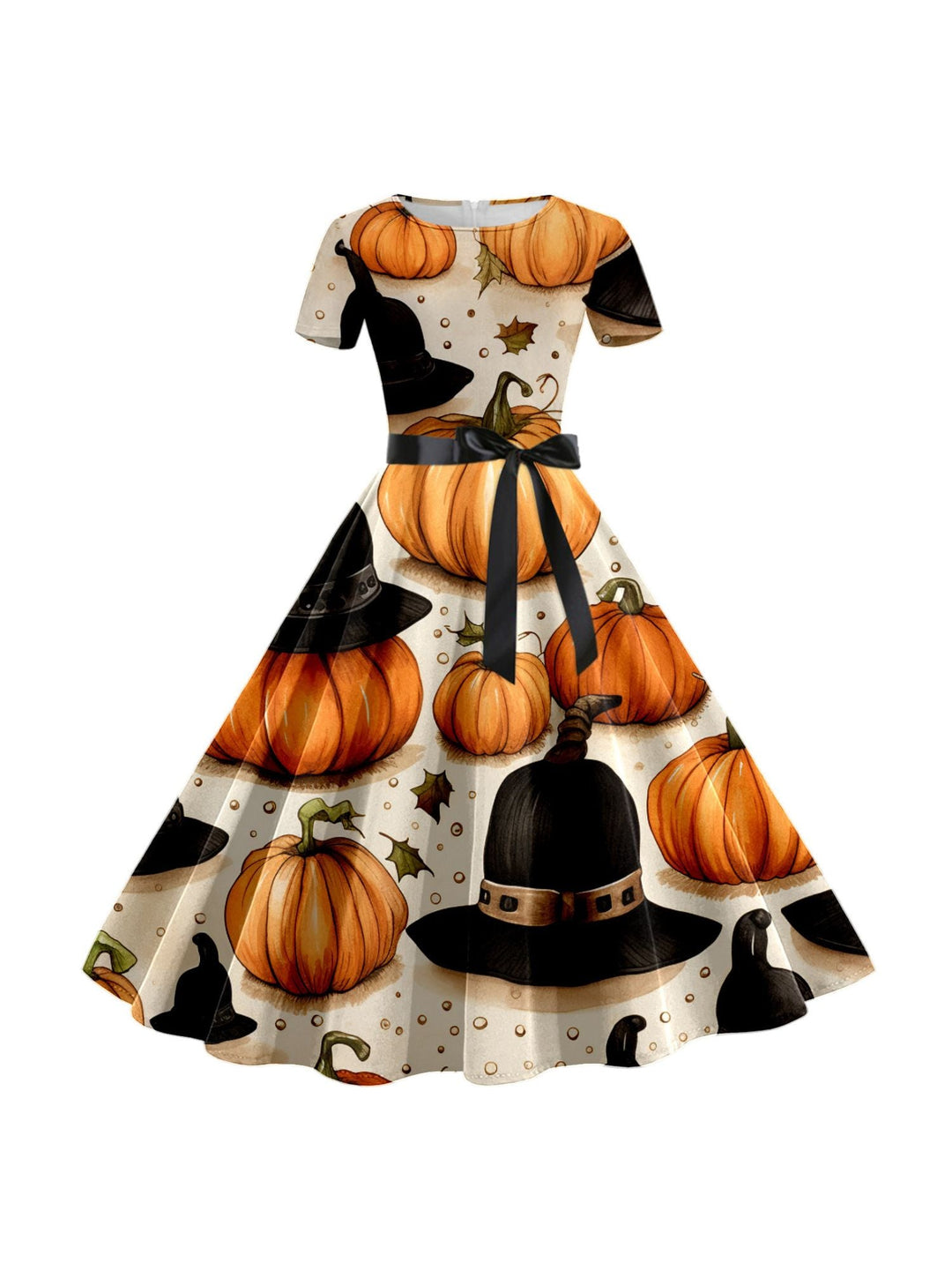 Robe de Costume de Spectacle Imprimée de Dessin Animé D'Halloween à Col Rond et Manches Courtes de Forme Trapèze/Princesse
