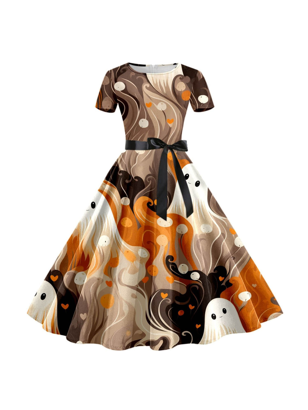 Robe de Costume de Spectacle Imprimée de Dessin Animé D'Halloween à Col Rond et Manches Courtes de Forme Trapèze/Princesse