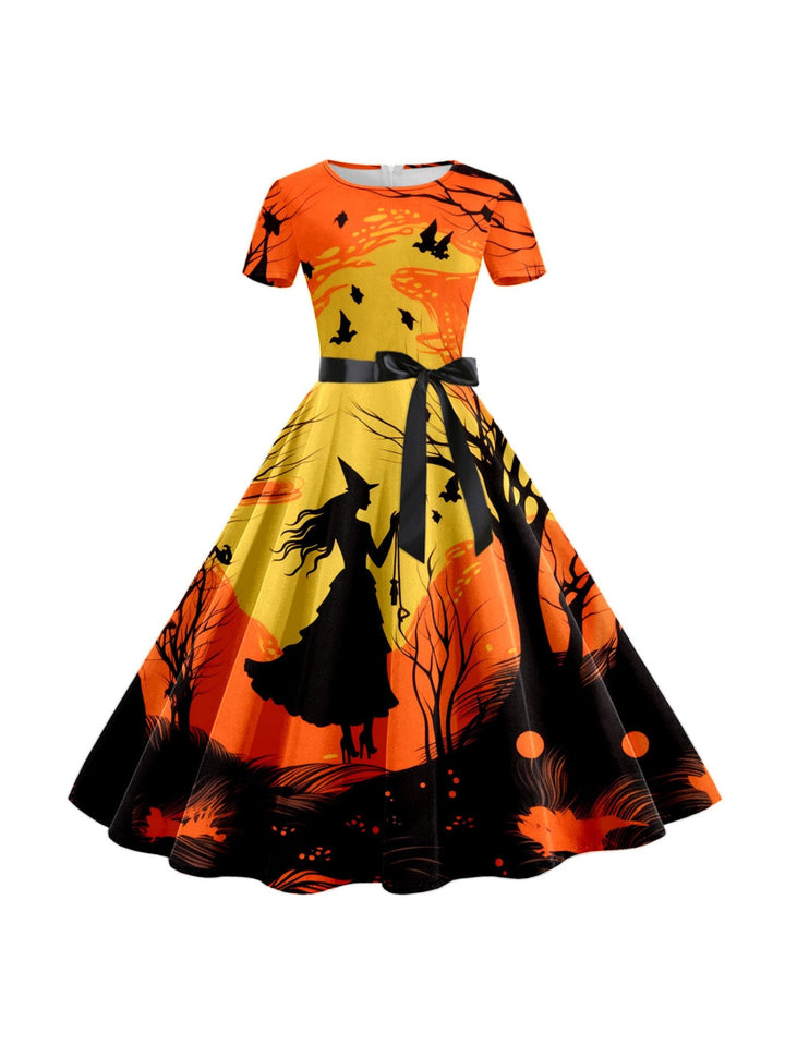 Robe de Costume de Spectacle Imprimée de Dessin Animé D'Halloween à Col Rond et Manches Courtes de Forme Trapèze/Princesse
