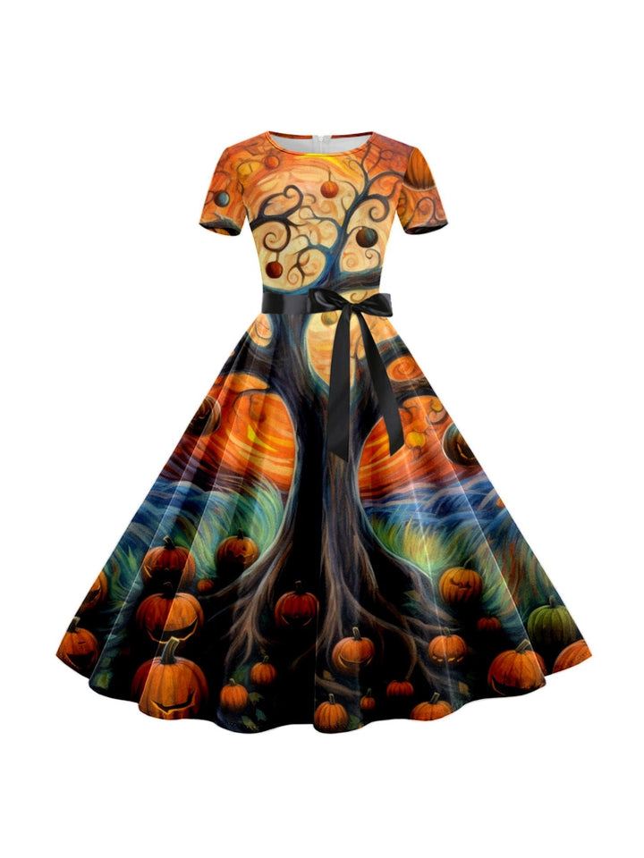 Robe de Costume de Spectacle Imprimée de Dessin Animé D'Halloween à Col Rond et Manches Courtes de Forme Trapèze/Princesse
