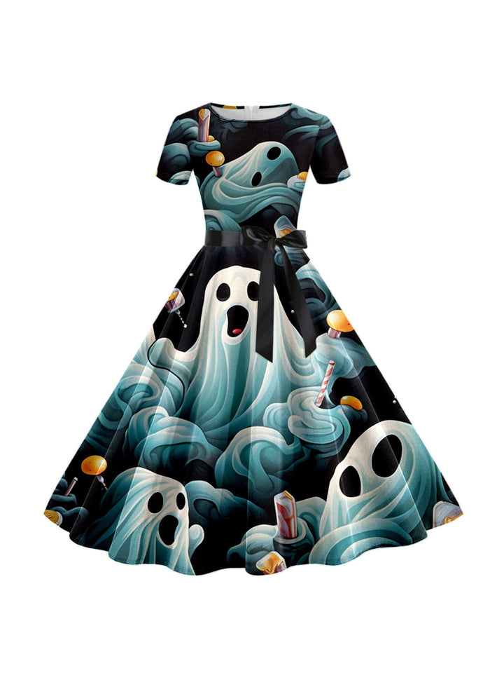 Robe de Costume de Spectacle Imprimée de Dessin Animé D'Halloween à Col Rond et Manches Courtes de Forme Trapèze/Princesse