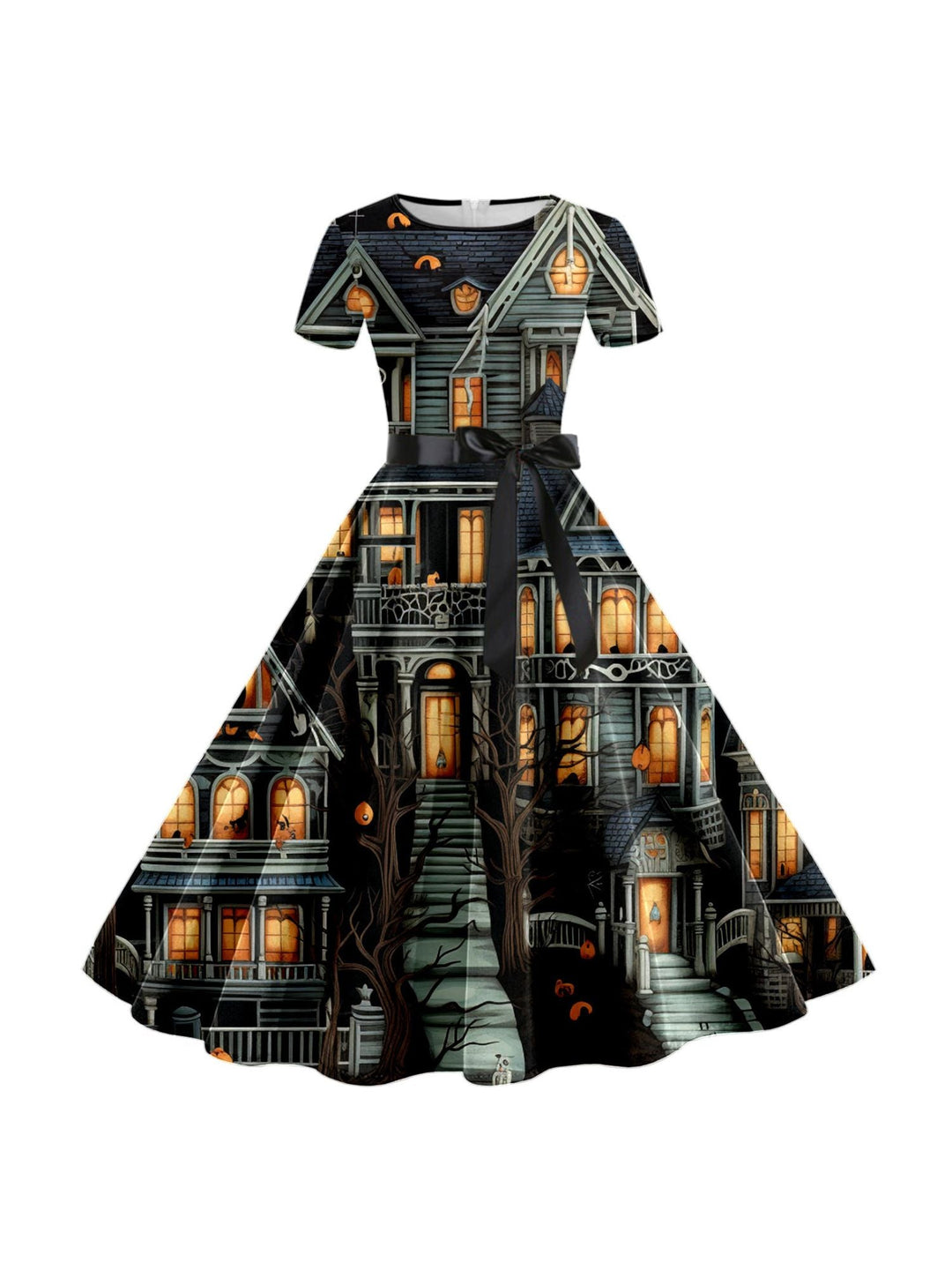 Robe de Costume de Spectacle Imprimée de Dessin Animé D'Halloween à Col Rond et Manches Courtes de Forme Trapèze/Princesse