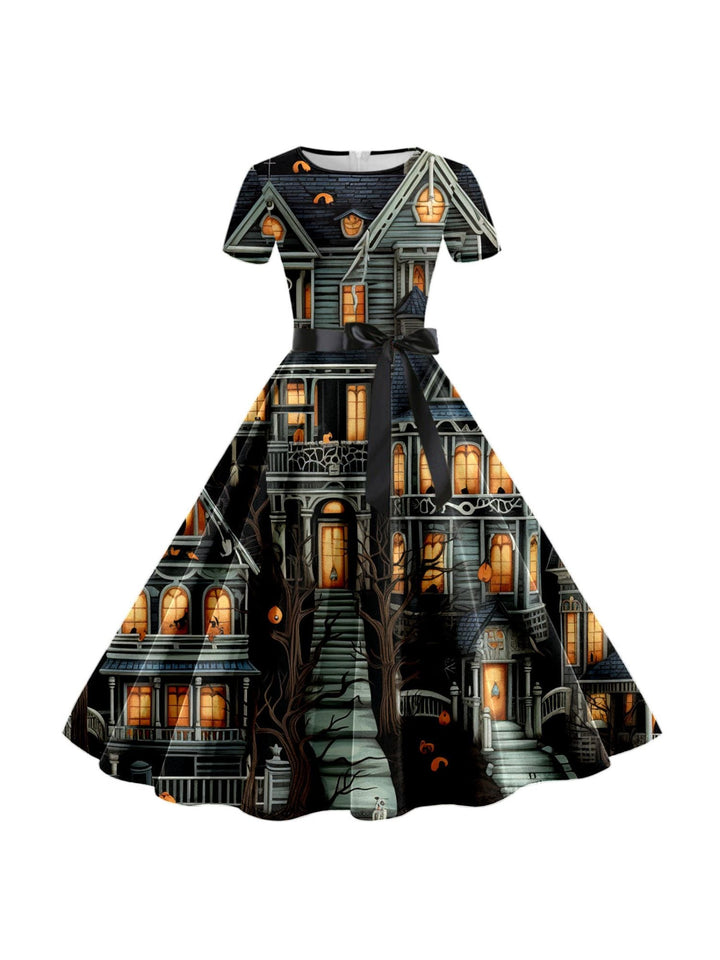 Robe de Costume de Spectacle Imprimée de Dessin Animé D'Halloween à Col Rond et Manches Courtes de Forme Trapèze/Princesse