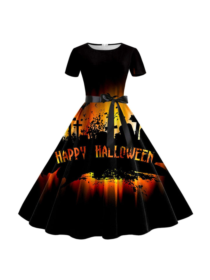 Robe de Costume de Spectacle Imprimée de Dessin Animé D'Halloween à Col Rond et Manches Courtes de Forme Trapèze/Princesse