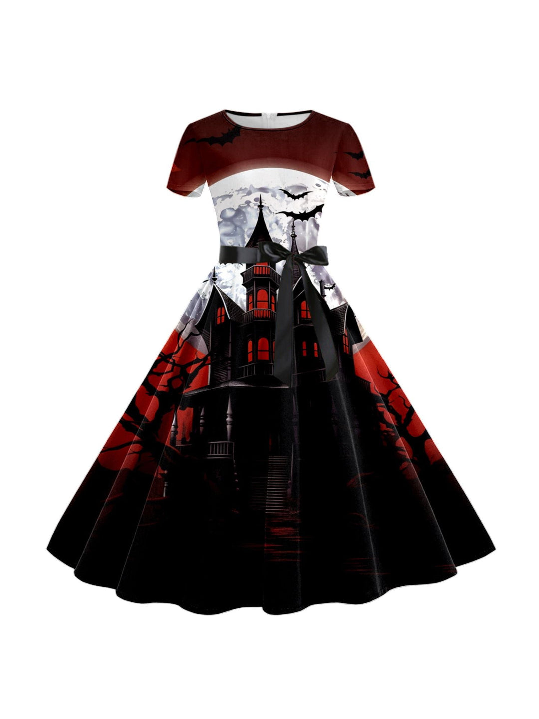 Robe de Costume de Spectacle Imprimée de Dessin Animé D'Halloween à Col Rond et Manches Courtes de Forme Trapèze/Princesse