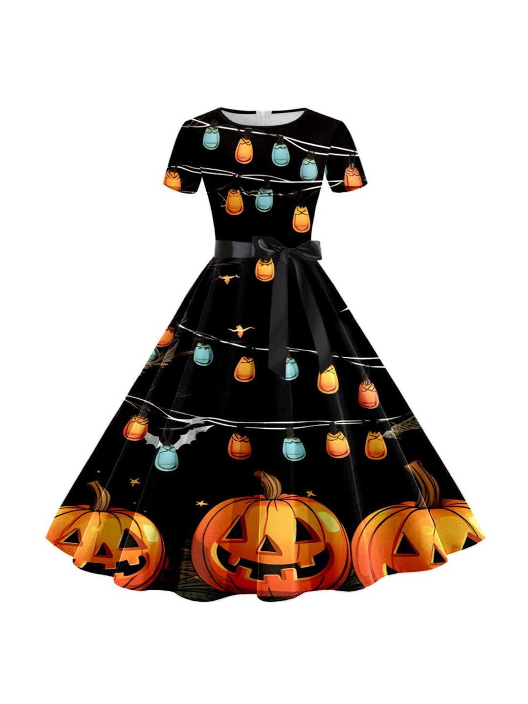 Robe de Costume de Spectacle Imprimée de Dessin Animé D'Halloween à Col Rond et Manches Courtes de Forme Trapèze/Princesse