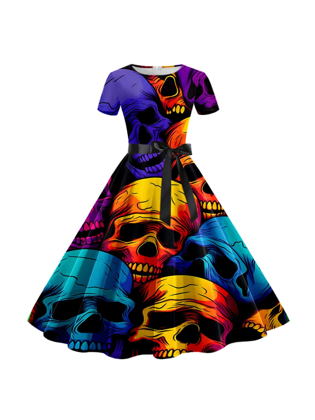 Robe de Costume de Spectacle Imprimée de Dessin Animé D'Halloween à Col Rond et Manches Courtes de Forme Trapèze/Princesse