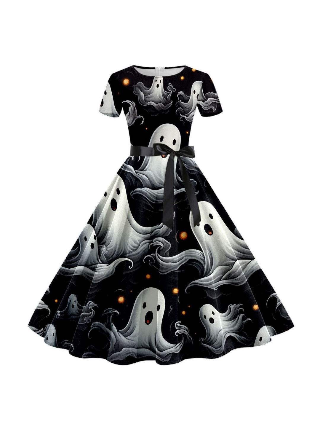 Robe de Costume de Spectacle Imprimée de Dessin Animé D'Halloween à Col Rond et Manches Courtes de Forme Trapèze/Princesse