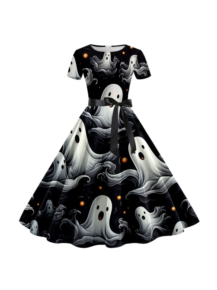 Robe de Costume de Spectacle Imprimée de Dessin Animé D'Halloween à Col Rond et Manches Courtes de Forme Trapèze/Princesse