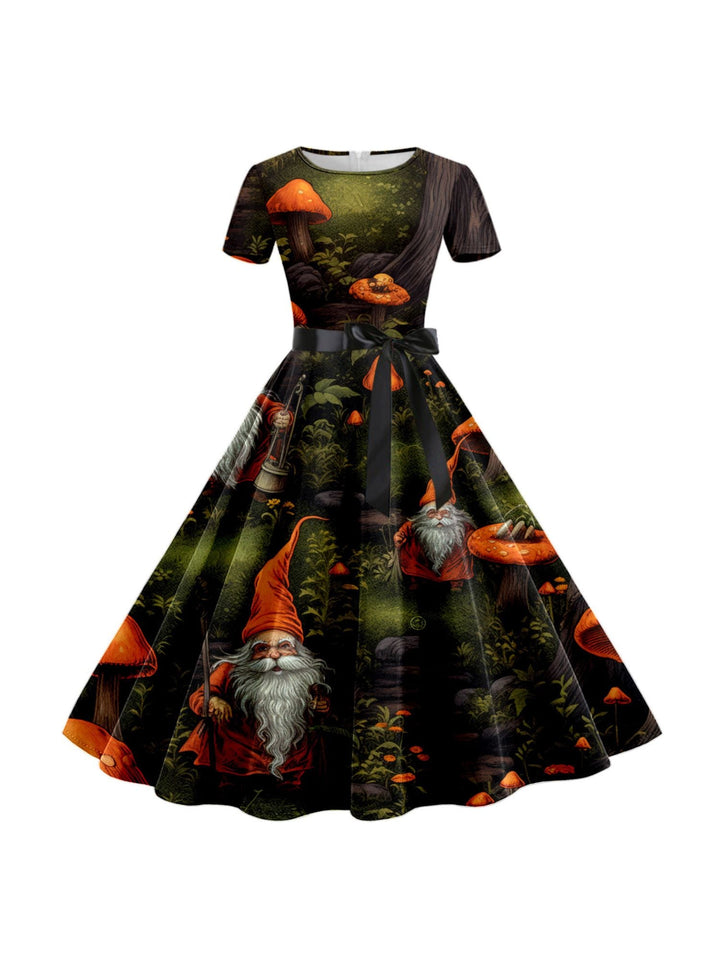 Robe de Costume de Spectacle Imprimée de Dessin Animé D'Halloween à Col Rond et Manches Courtes de Forme Trapèze/Princesse