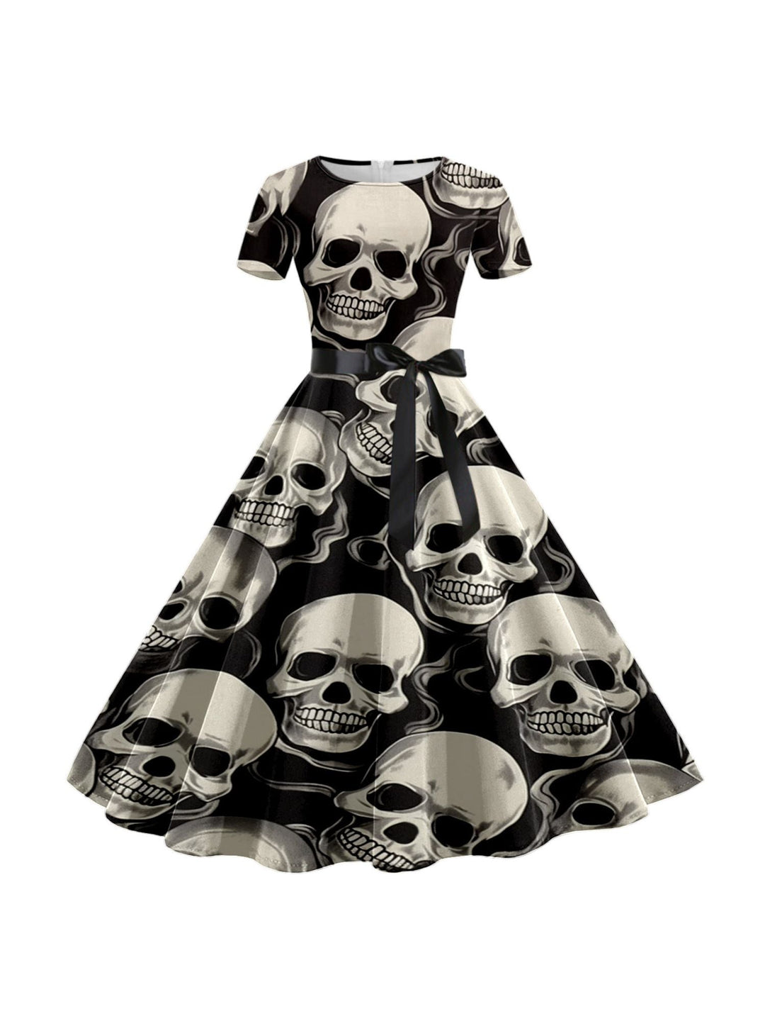 Robe de Costume de Spectacle Imprimée de Dessin Animé D'Halloween à Col Rond et Manches Courtes de Forme Trapèze/Princesse