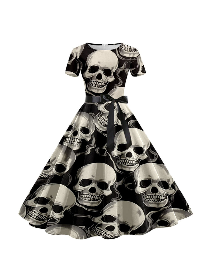 Robe de Costume de Spectacle Imprimée de Dessin Animé D'Halloween à Col Rond et Manches Courtes de Forme Trapèze/Princesse
