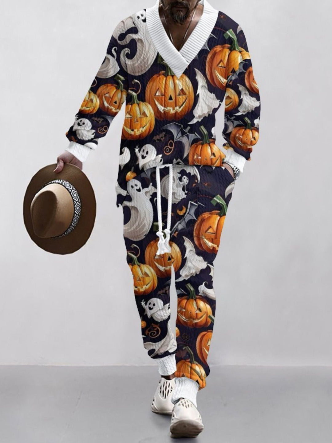Costume D'Halloween Décontracté à Col en V Imprimé en Tricot à Manches Longues pour Hommes