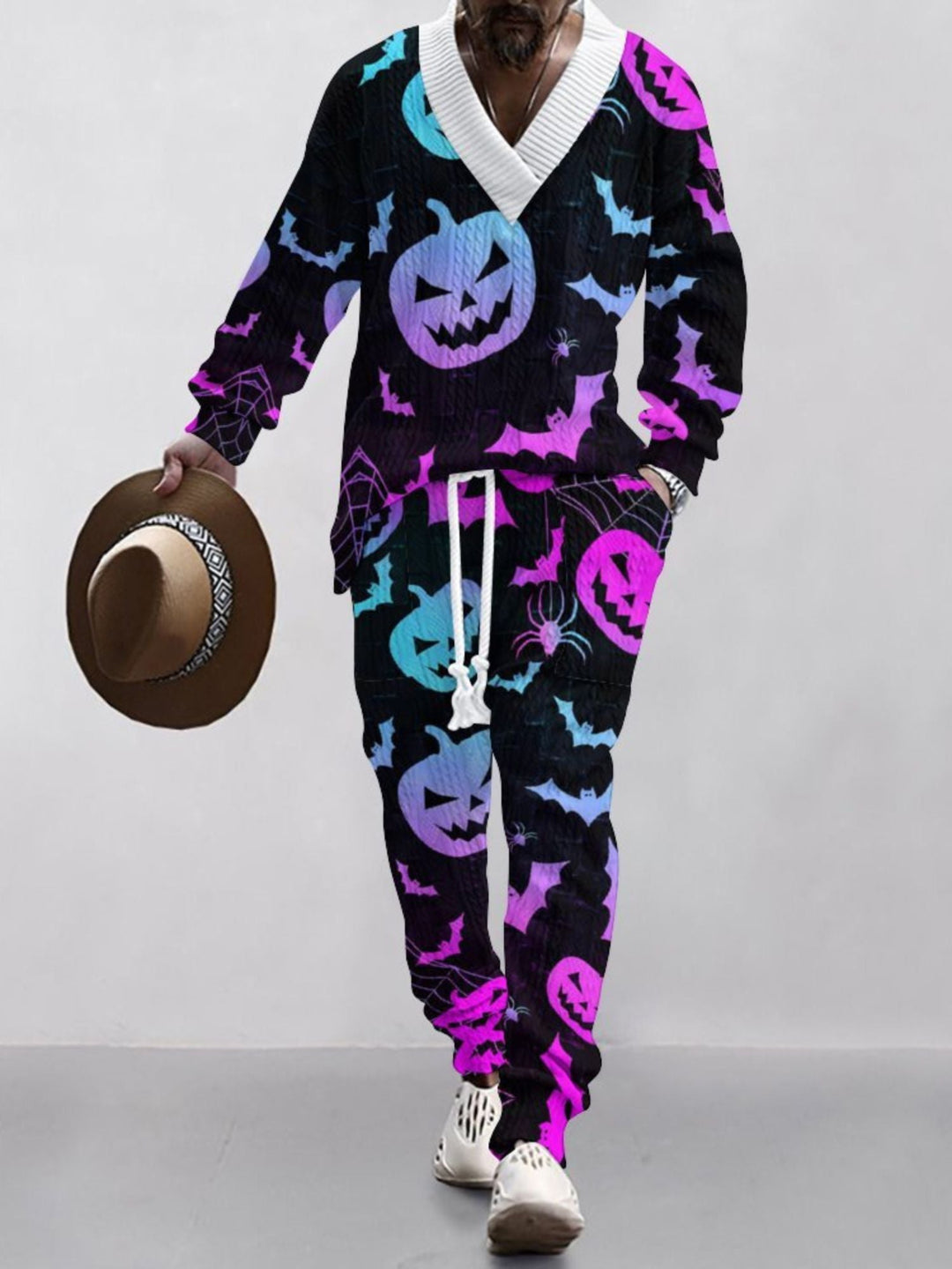Costume D'Halloween Décontracté à Col en V Imprimé en Tricot à Manches Longues pour Hommes