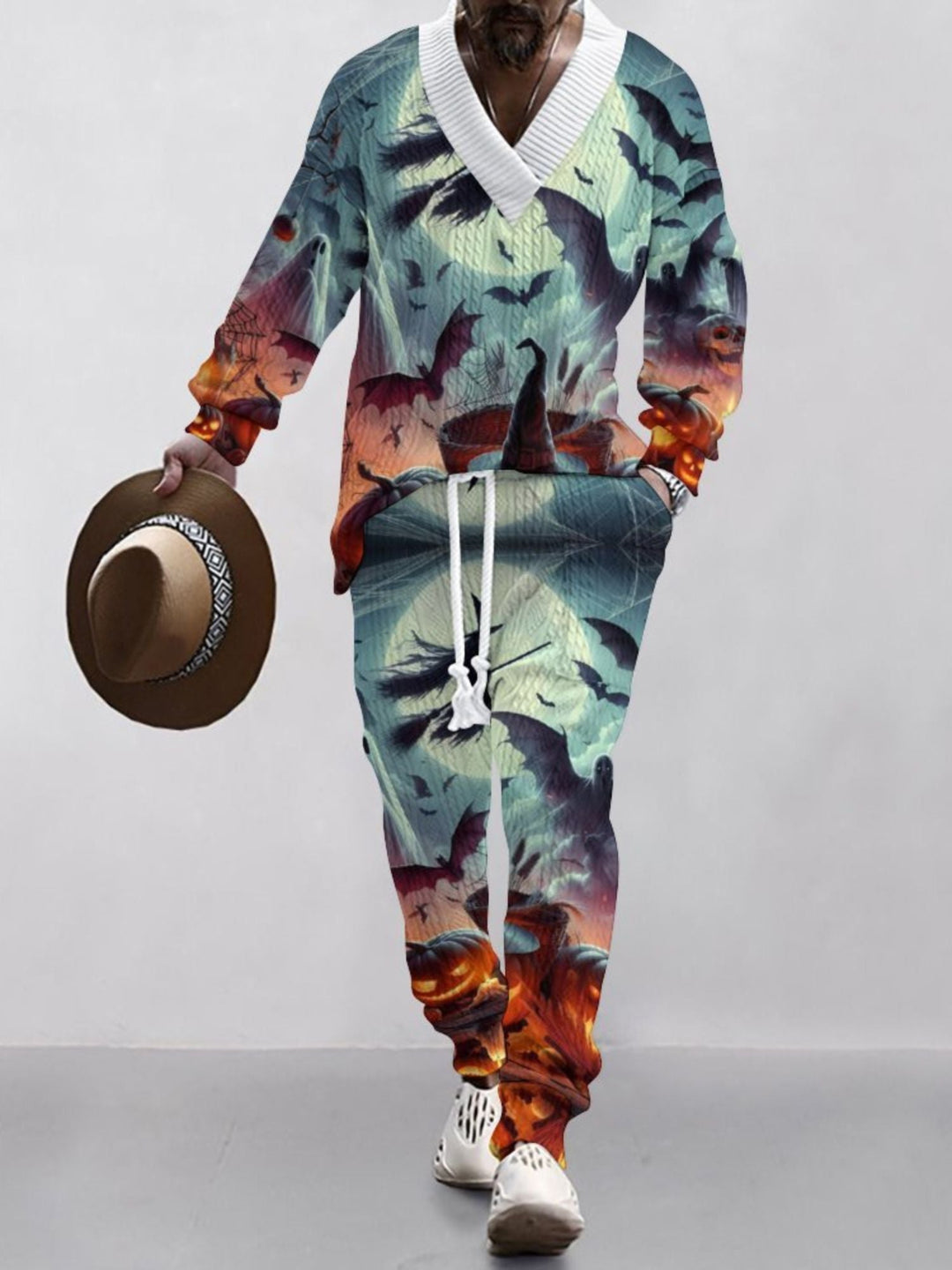 Costume D'Halloween Décontracté à Col en V Imprimé en Tricot à Manches Longues pour Hommes
