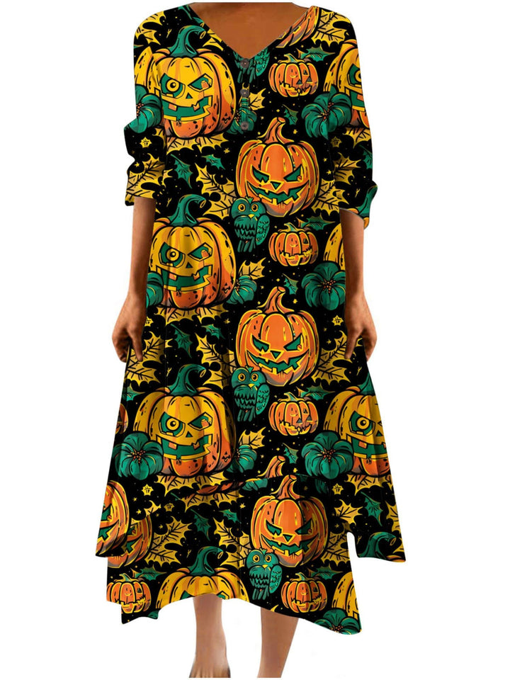 Robe Trapèze/Princesse à Col en V et Manches Mi-Longues, Longueur Cheville, Tenue Décontractée pour Spectacle D'Halloween