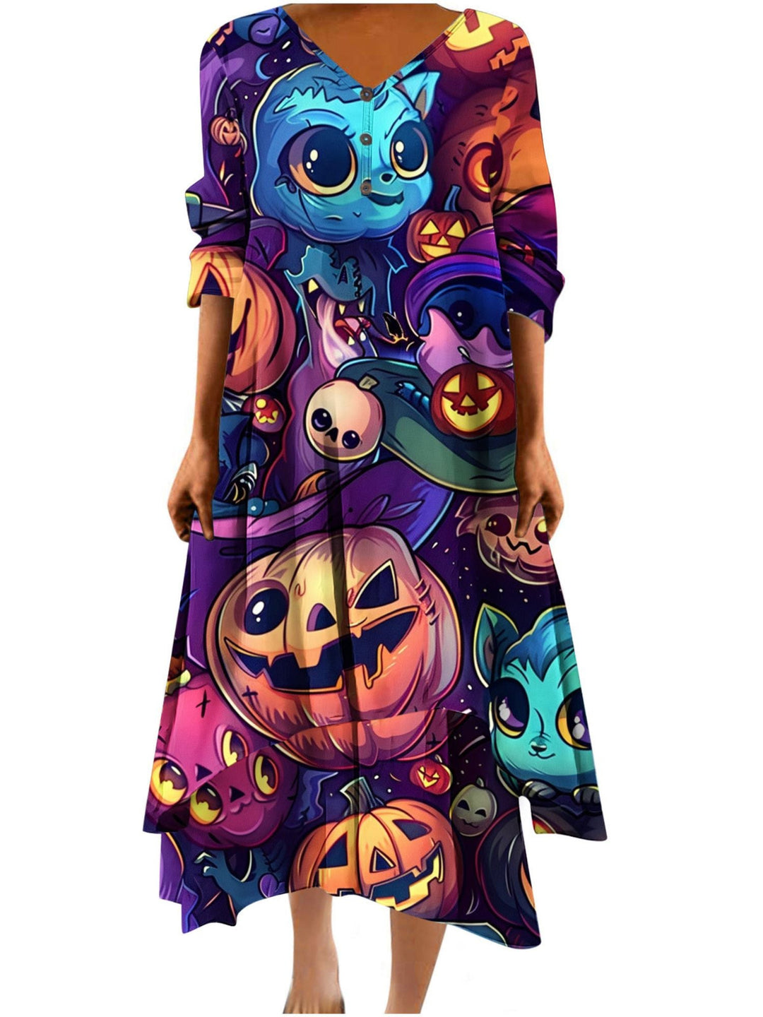 Robe Trapèze/Princesse à Col en V et Manches Mi-Longues, Longueur Cheville, Tenue Décontractée pour Spectacle D'Halloween