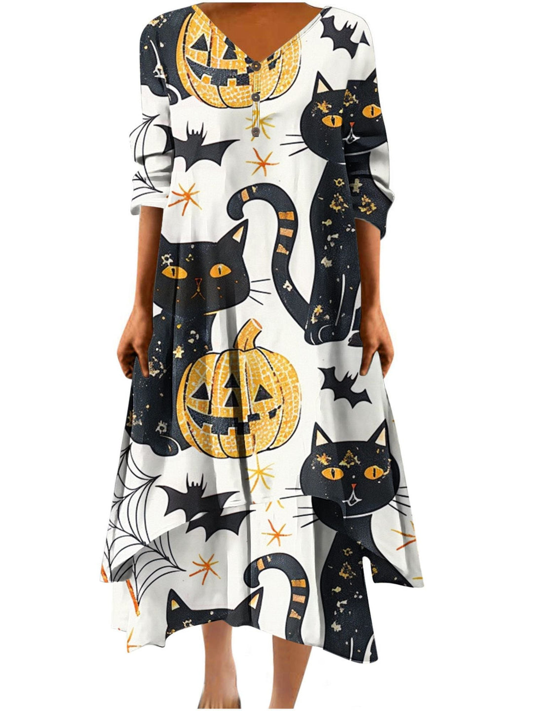 Robe Trapèze/Princesse à Col en V et Manches Mi-Longues, Longueur Cheville, Tenue Décontractée pour Spectacle D'Halloween