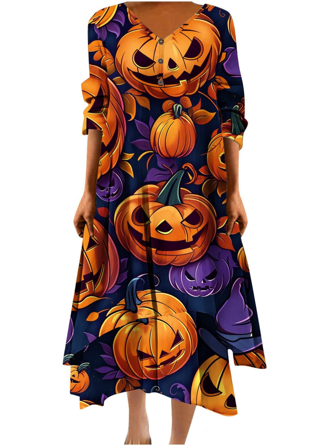 Robe Trapèze/Princesse à Col en V et Manches Mi-Longues, Longueur Cheville, Tenue Décontractée pour Spectacle D'Halloween