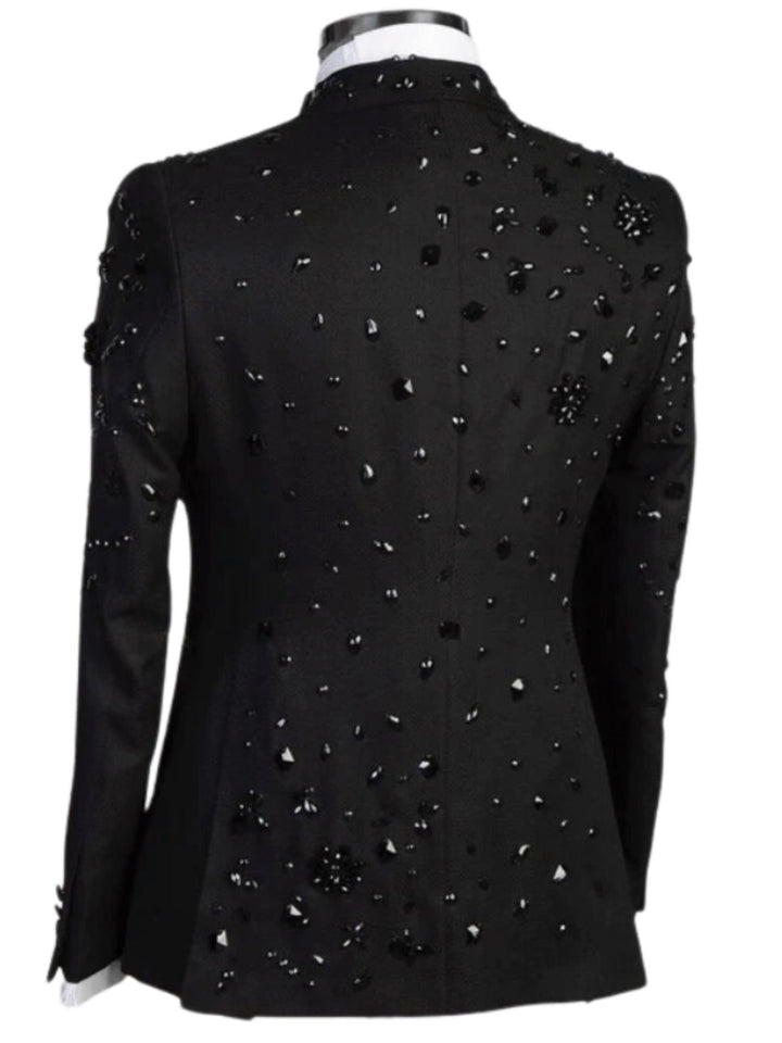 Blazer Croisé 2 Pièces pour Homme, Coupe Ajustée, Perles Noires, Paillettes, Costumes Élégants pour Halloween