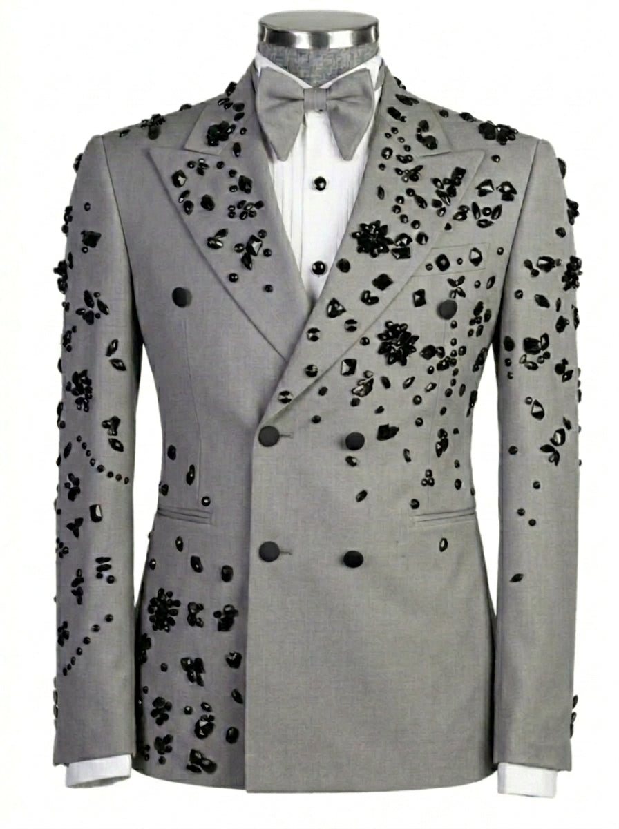 Blazer Croisé 2 Pièces pour Homme, Coupe Ajustée, Perles Noires, Paillettes, Costumes Élégants pour Halloween