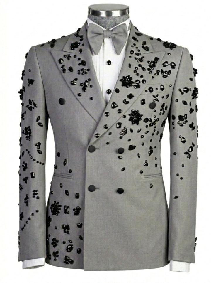 Blazer Croisé 2 Pièces pour Homme, Coupe Ajustée, Perles Noires, Paillettes, Costumes Élégants pour Halloween
