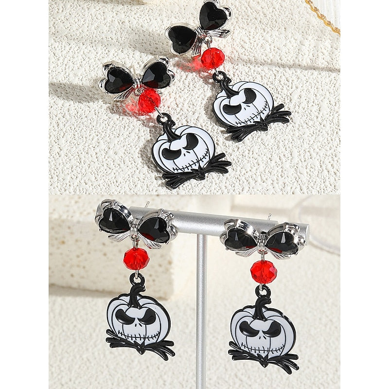 Ensemble de Bijoux Gothiques avec Boucles D'Oreilles et Nœud Papillon Noir et Diamant Rouge pour Halloween