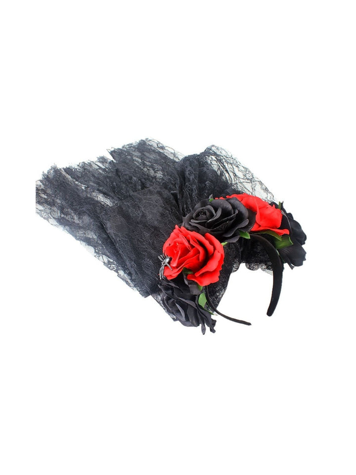 Coiffe Transparente à Fleurs Noires et Rouges pour Halloween, Accessoire de Mascarade pour Cosplay