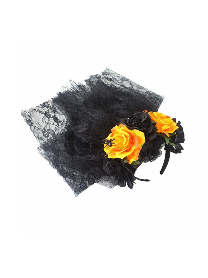 Coiffe Transparente à Fleurs Noires et Rouges pour Halloween, Accessoire de Mascarade pour Cosplay