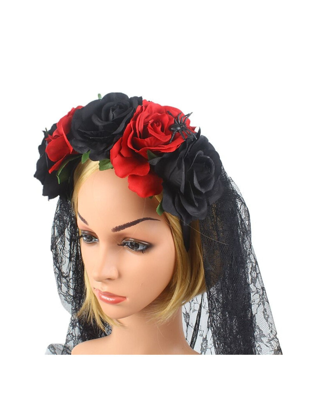 Coiffe Transparente à Fleurs Noires et Rouges pour Halloween, Accessoire de Mascarade pour Cosplay