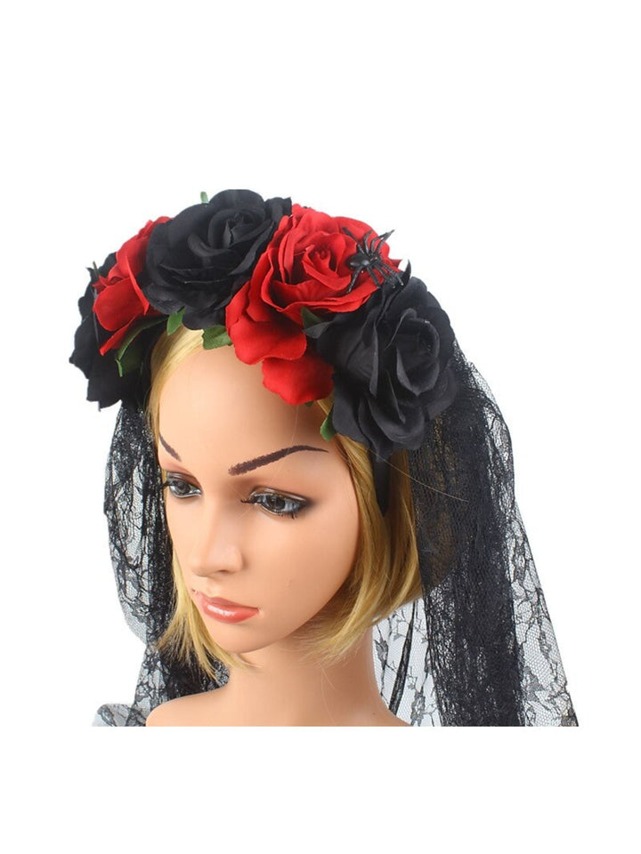 Coiffe Transparente à Fleurs Noires et Rouges pour Halloween, Accessoire de Mascarade pour Cosplay
